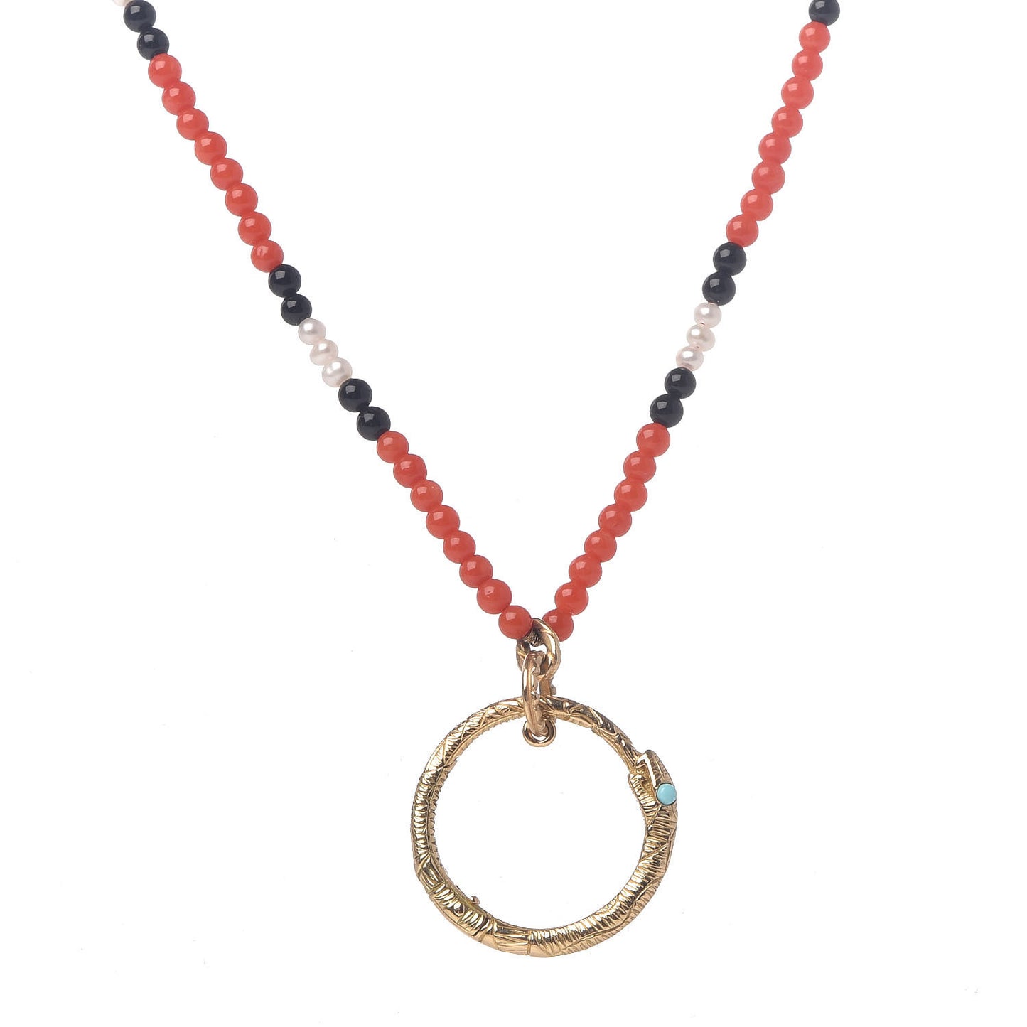18K Yellow Gold Coral Black Onyx Freshwater Pearl Turquoise Ouroboros Pendant Necklace
