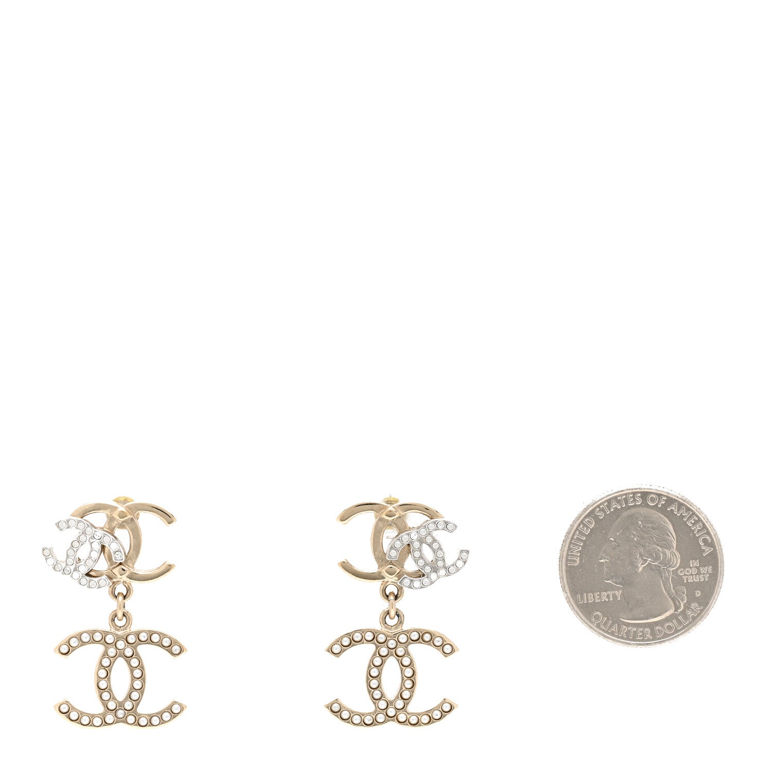 Chanel Crystal Pearl Double CC Drop Earrings Gold Silver 2 of 6