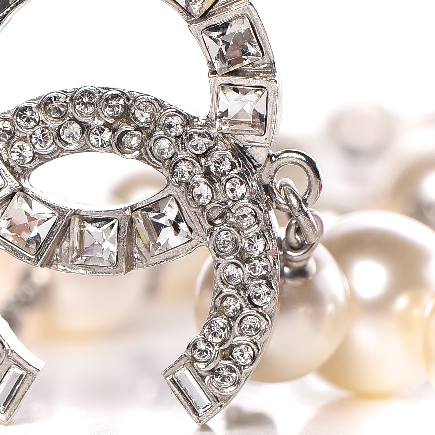 Chanel Pearl Baguette Crystal CC Long Necklace Silver 5 of 6
