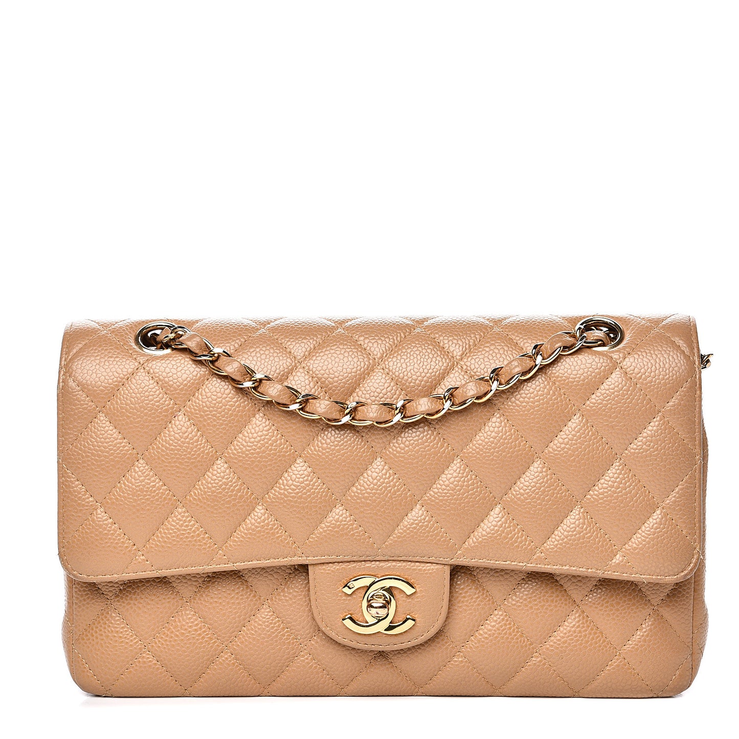 Caviar Quilted Medium Double Flap Beige