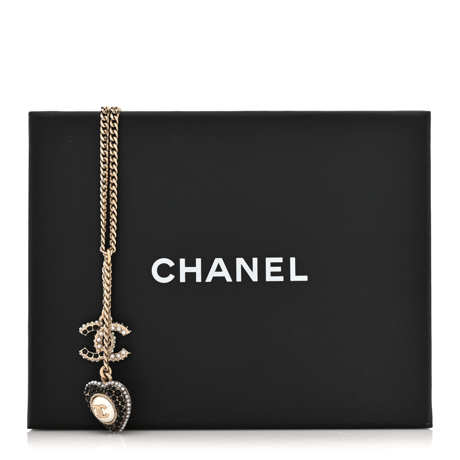 Chanel Crystal CC Heart Necklace Black Pearly White Gold 5 of 5