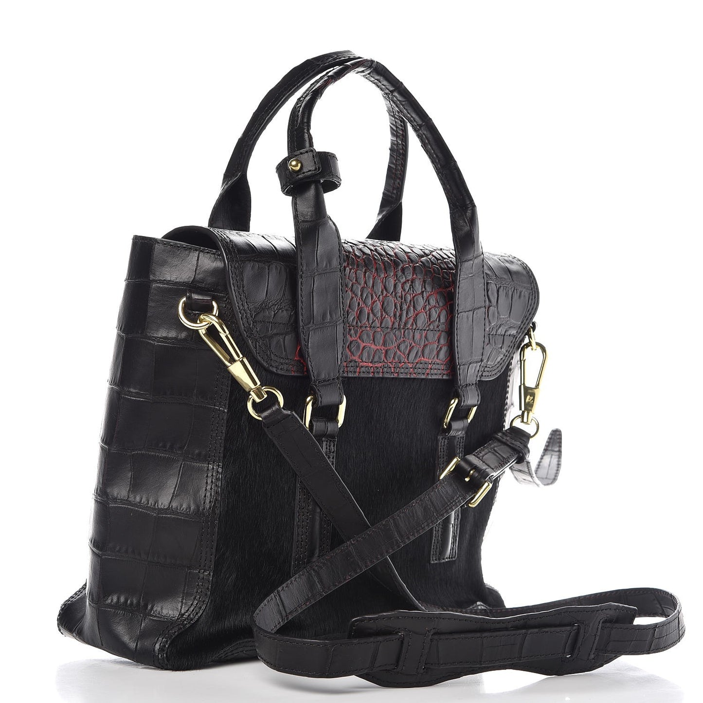 3.1 Calf Hair Calfskin Crocodile Embossed Medium Pashli Satchel Antique Red Black