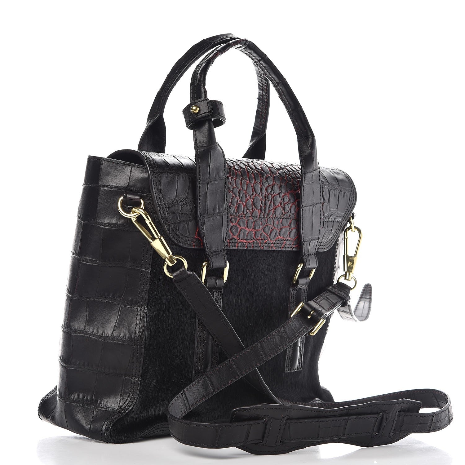 3.1 Phillip Lim 3.1 Calf Hair Calfskin Crocodile Embossed Medium Pashli Satchel Antique Red Black 4 of 10