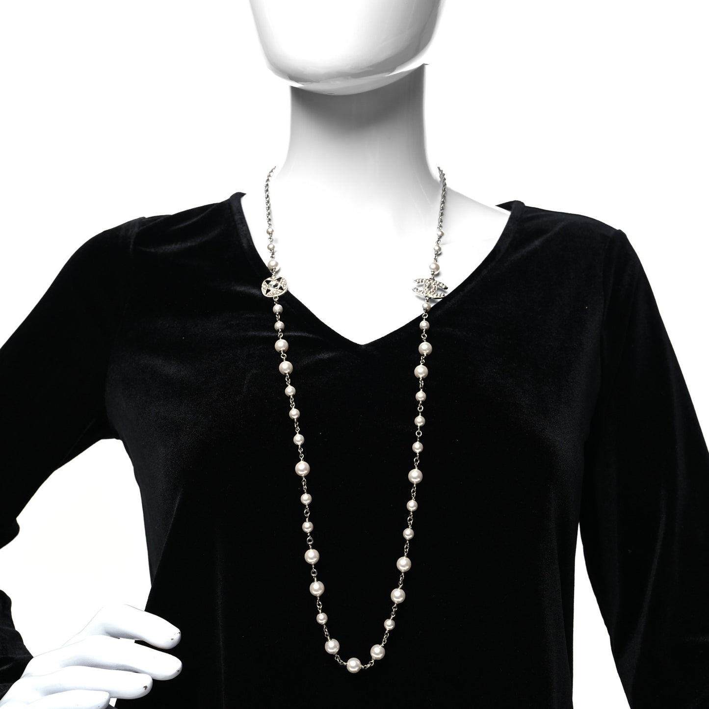 Crystal Pearl CC Long Necklace Silver
