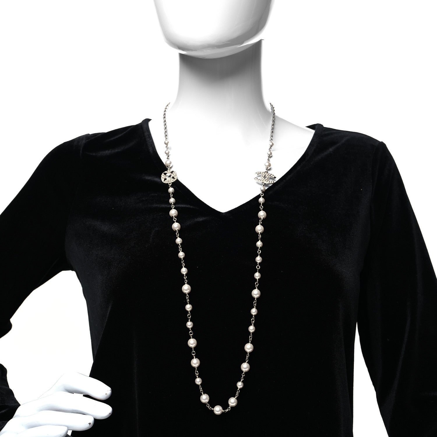 Chanel Crystal Pearl CC Long Necklace Silver 2 of 5