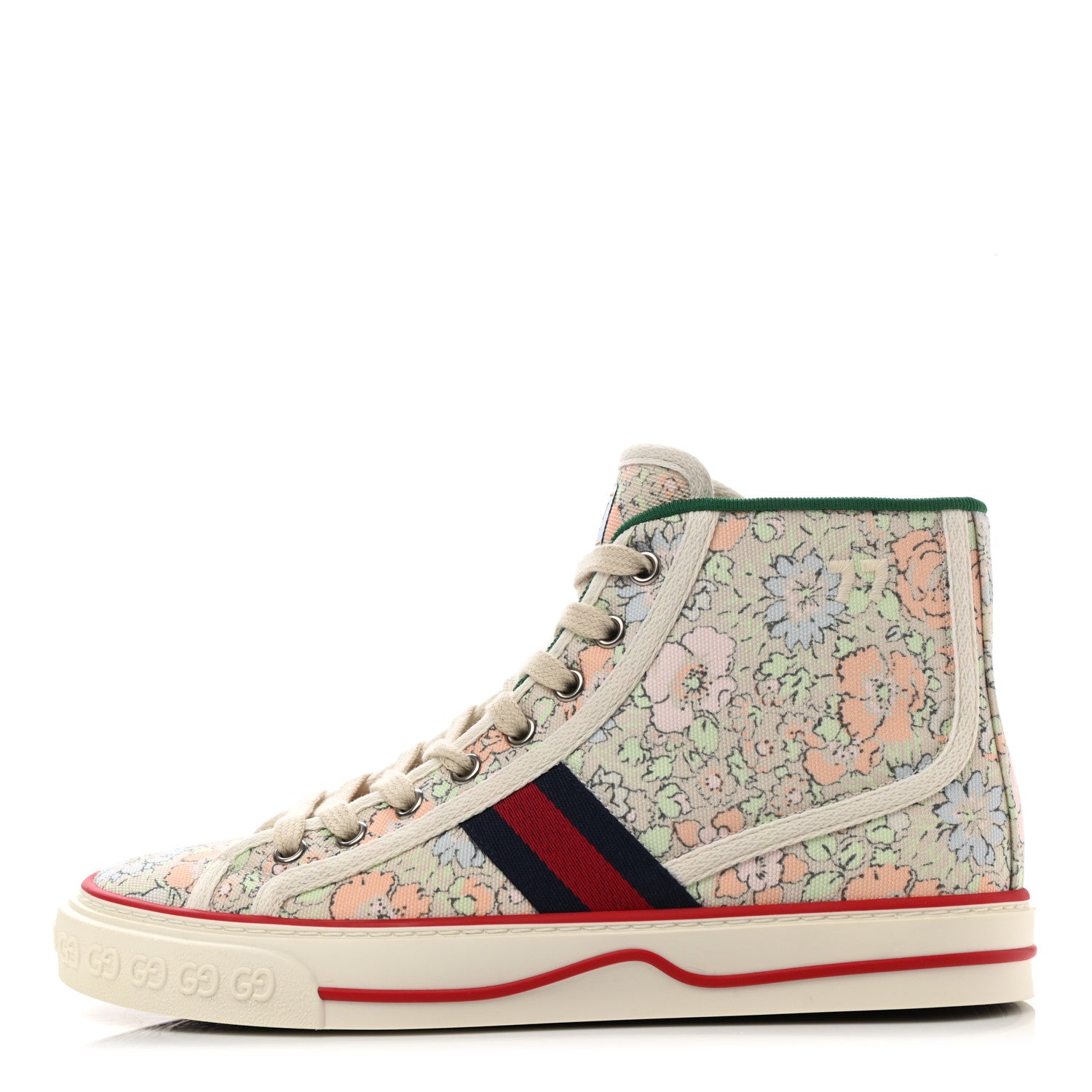 Gucci X LIBERTY OF LONDON Canvas Web Tracy Print Womens 1977 Tennis High Top Sneakers 37 Mint Peach Mystic White 1 of 8