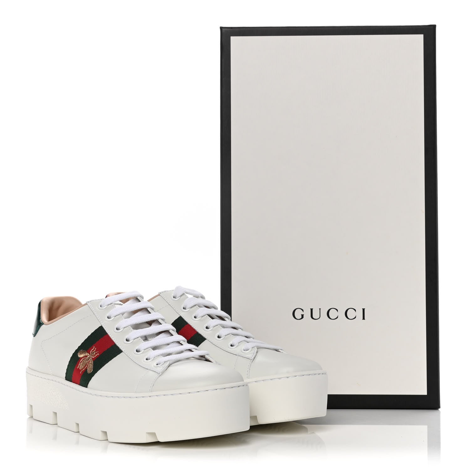 Gucci Calfskin Web Bee Embroidered Womens Ace Platform Sneakers 38.5 White 11 of 11