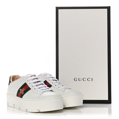 Gucci Calfskin Web Bee Embroidered Womens Ace Platform Sneakers 38.5 White 11 of 11