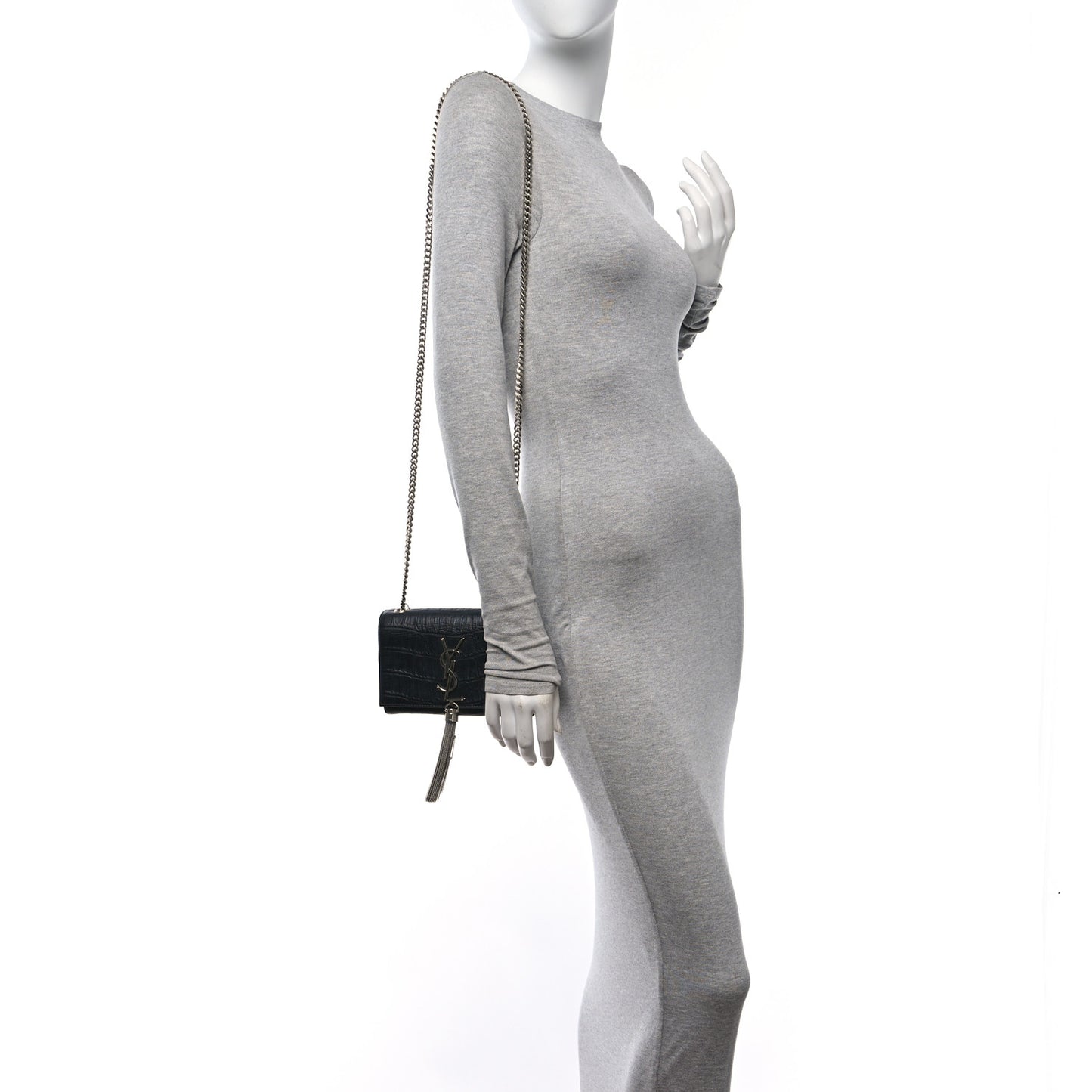 Calfskin Crocodile Embossed Small Classic Monogram Kate Tassel Satchel Black