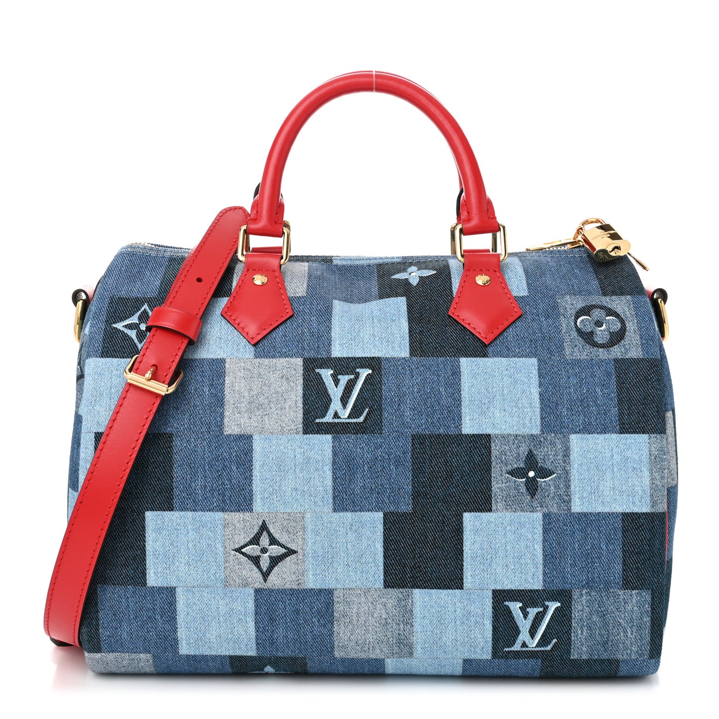 Denim Damier Monogram Patchwork Speedy Bandouliere 30 Blue Rouge