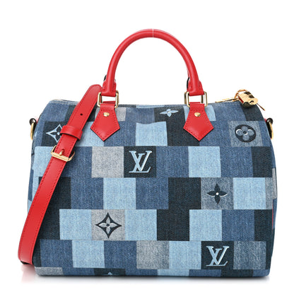Louis Vuitton Denim Damier Monogram Patchwork Speedy Bandouliere 30 Blue Rouge 1 of 10