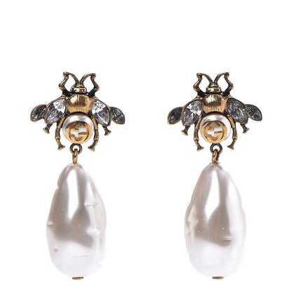 Gucci Crystal Pearl Drop Bee Earrings Gold 1 of 9