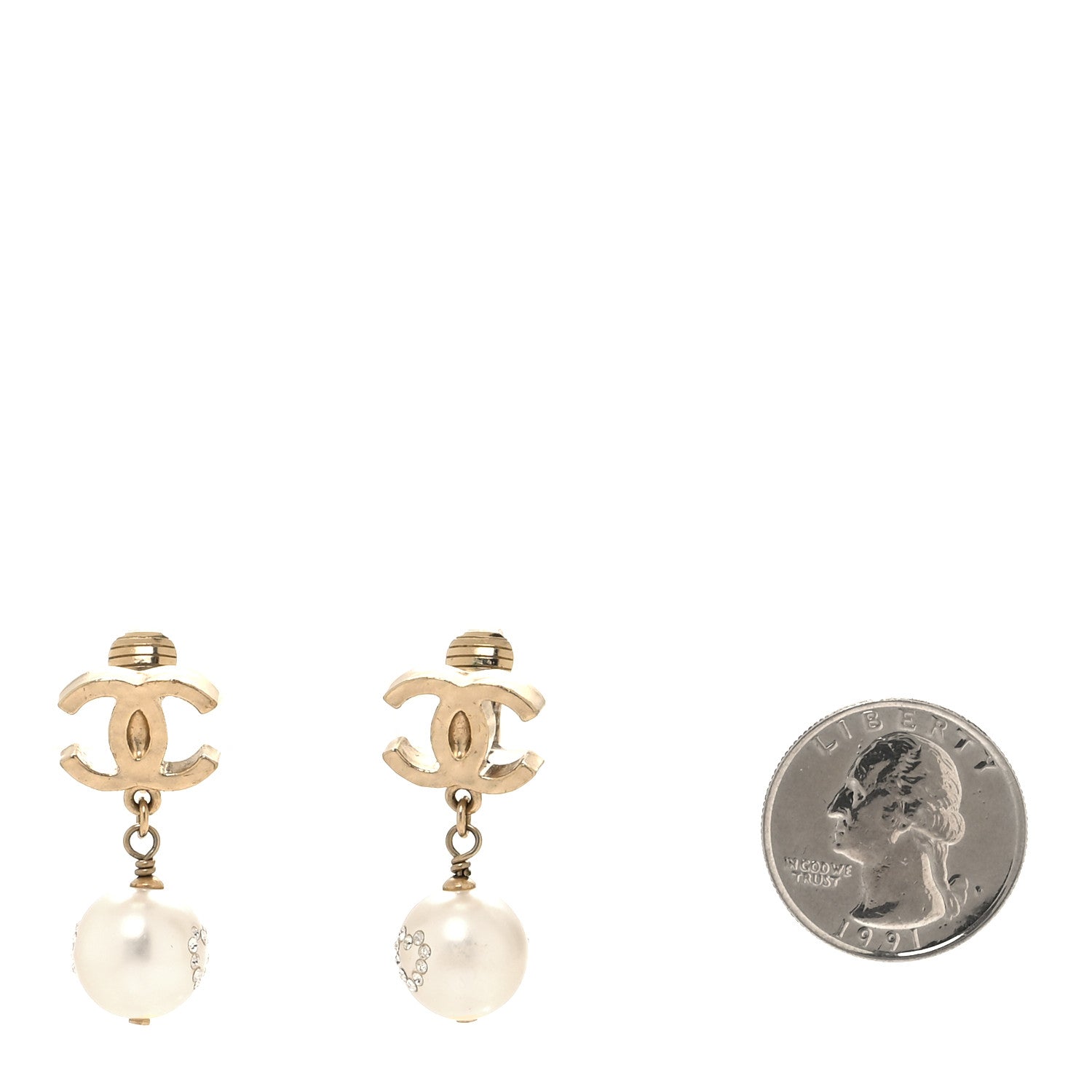Chanel Pearl Crystal CC Heart Drop Clip On Earrings Gold White 2 of 4