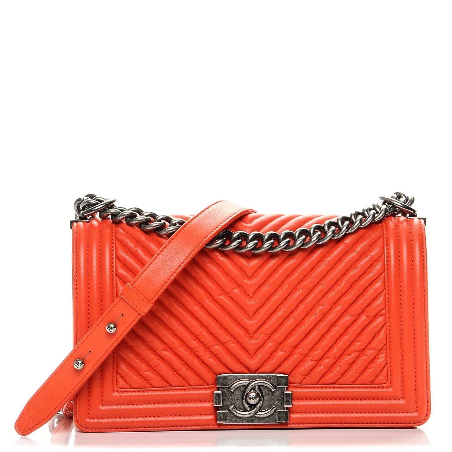 Wrinkled Lambskin Chevron Quilted Medium Boy Flap Orange