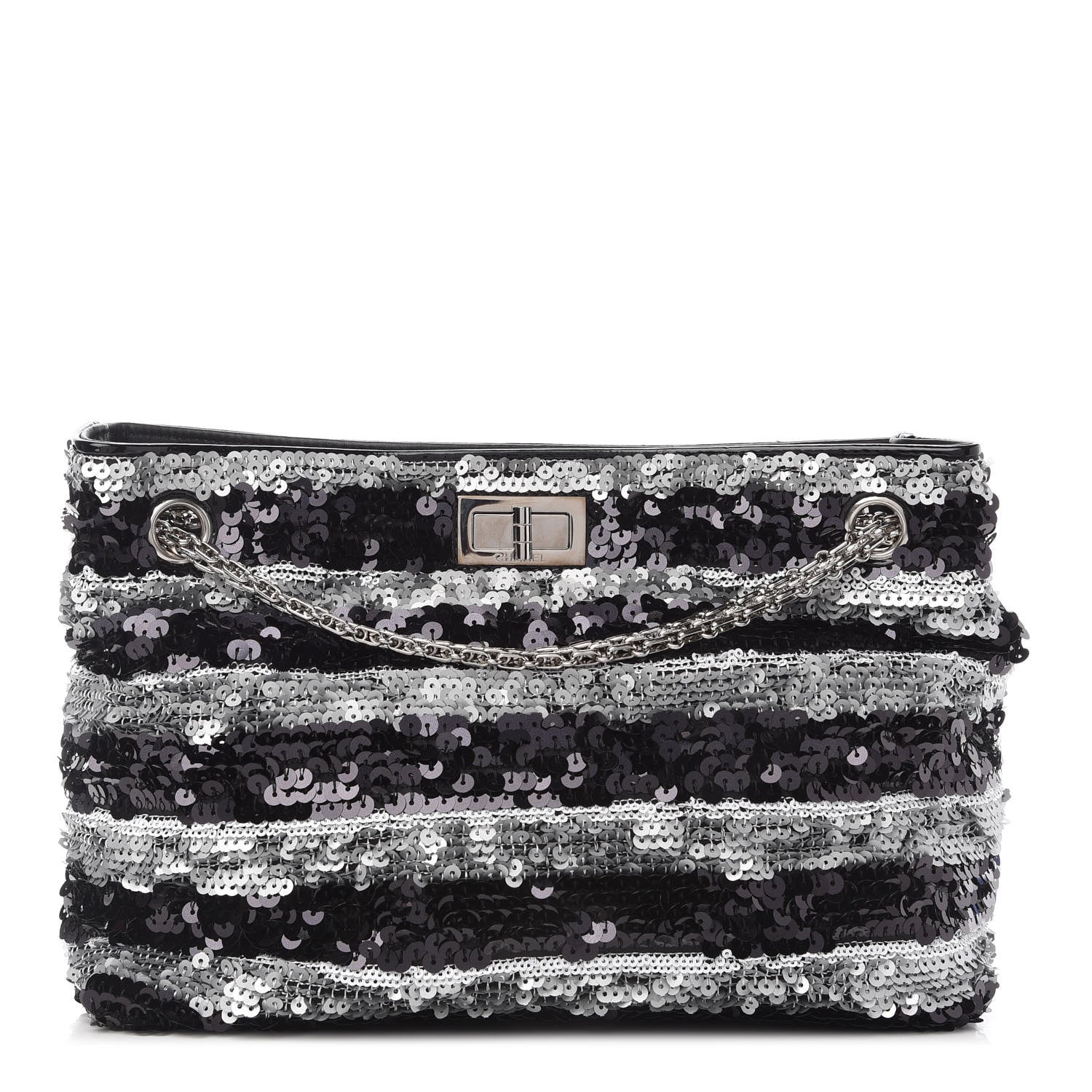 Chanel Sequin Striped Mademoiselle Tote Black Silver 1 of 9