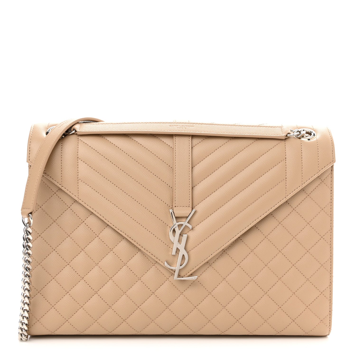 Saint Laurent Grain De Poudre Mixed Matelasse Large Triquilt Monogram Satchel Dark Beige 1 of 12