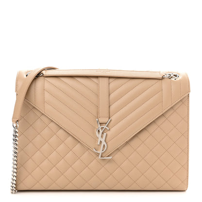 Saint Laurent Grain De Poudre Mixed Matelasse Large Triquilt Monogram Satchel Dark Beige 1 of 12