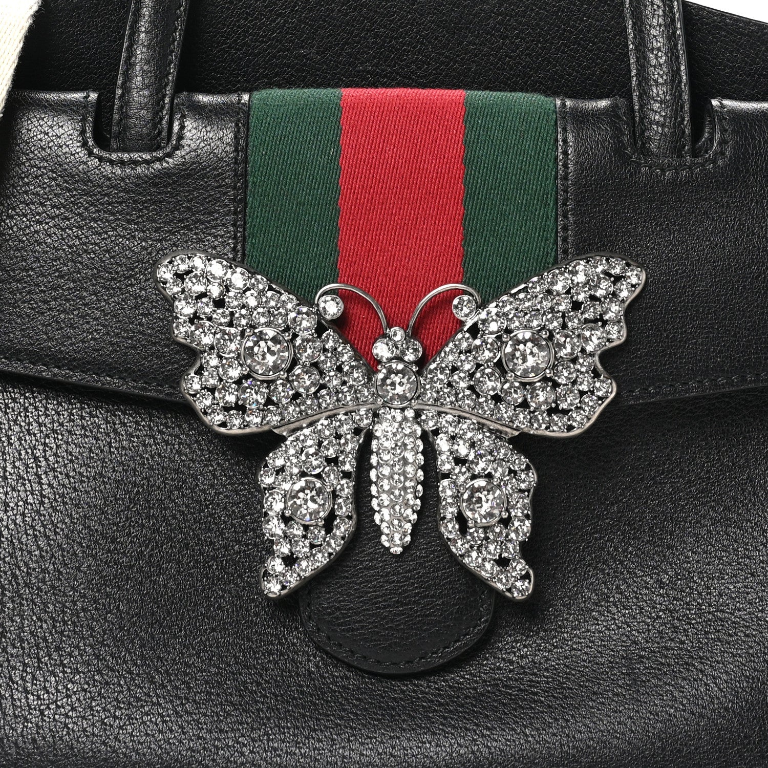 Gucci Grained Calfskin Web Crystal Butterfly Stripe Medium Totem Top Handle Bag Black 8 of 10