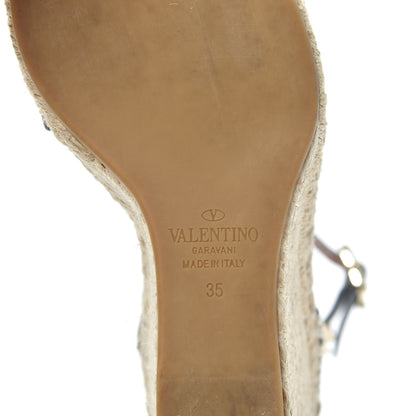 Valentino Garavani Grained Calfskin Rockstud Ankle Strap Espadrille 15/105mm Wedge Sandals 35 Black Light Cuir Natural 6 of 7