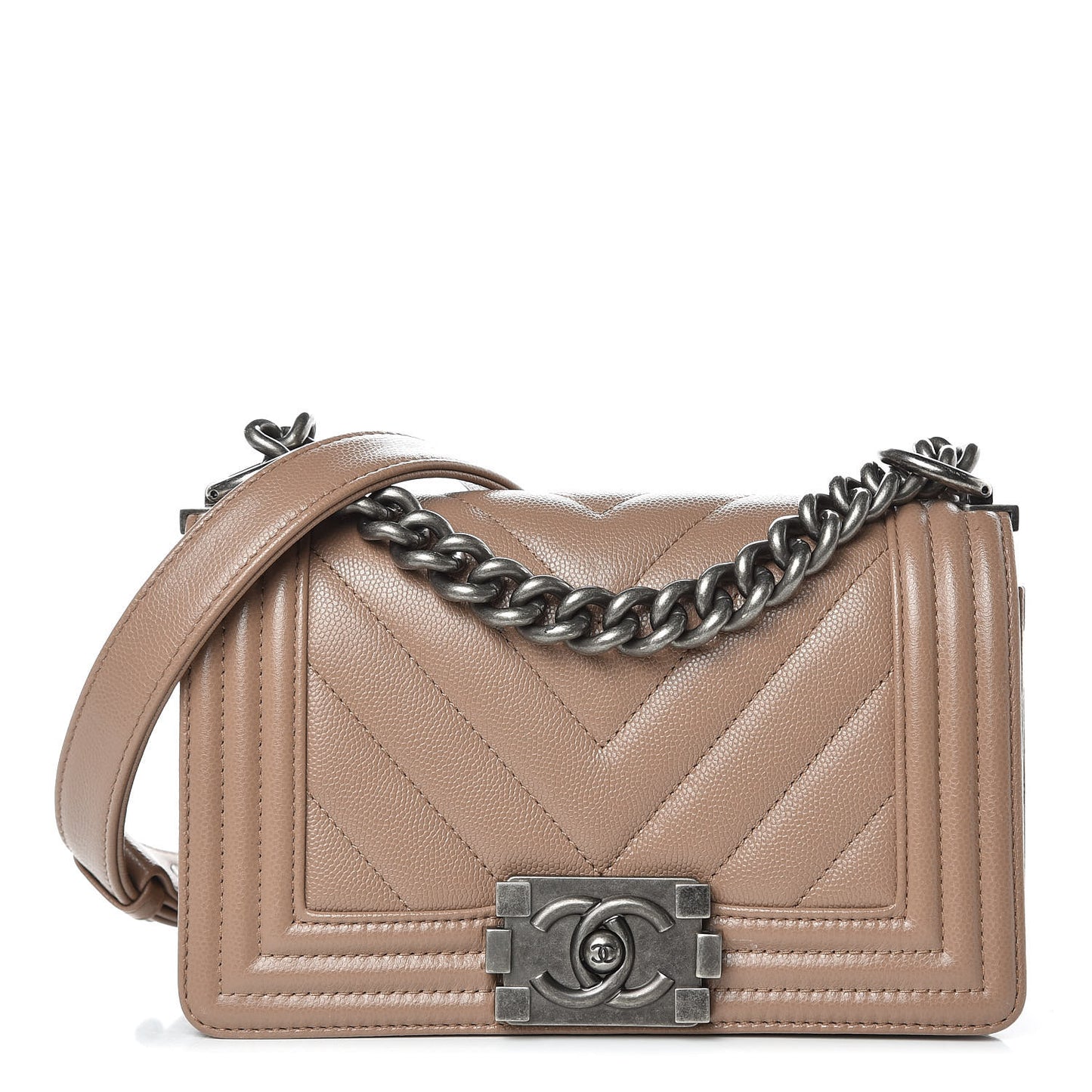 Caviar Chevron Quilted Small Boy Flap Dark Beige