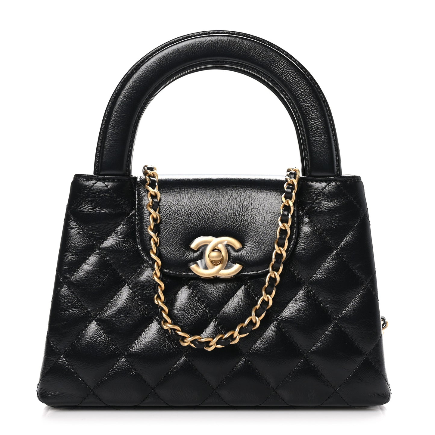 Shiny Aged Calfskin Quilted Nano Kelly Shopper Black