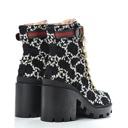 Gucci Tweed GG Monogram Lace Up Combat Ankle Boots 40 Black 4 of 10
