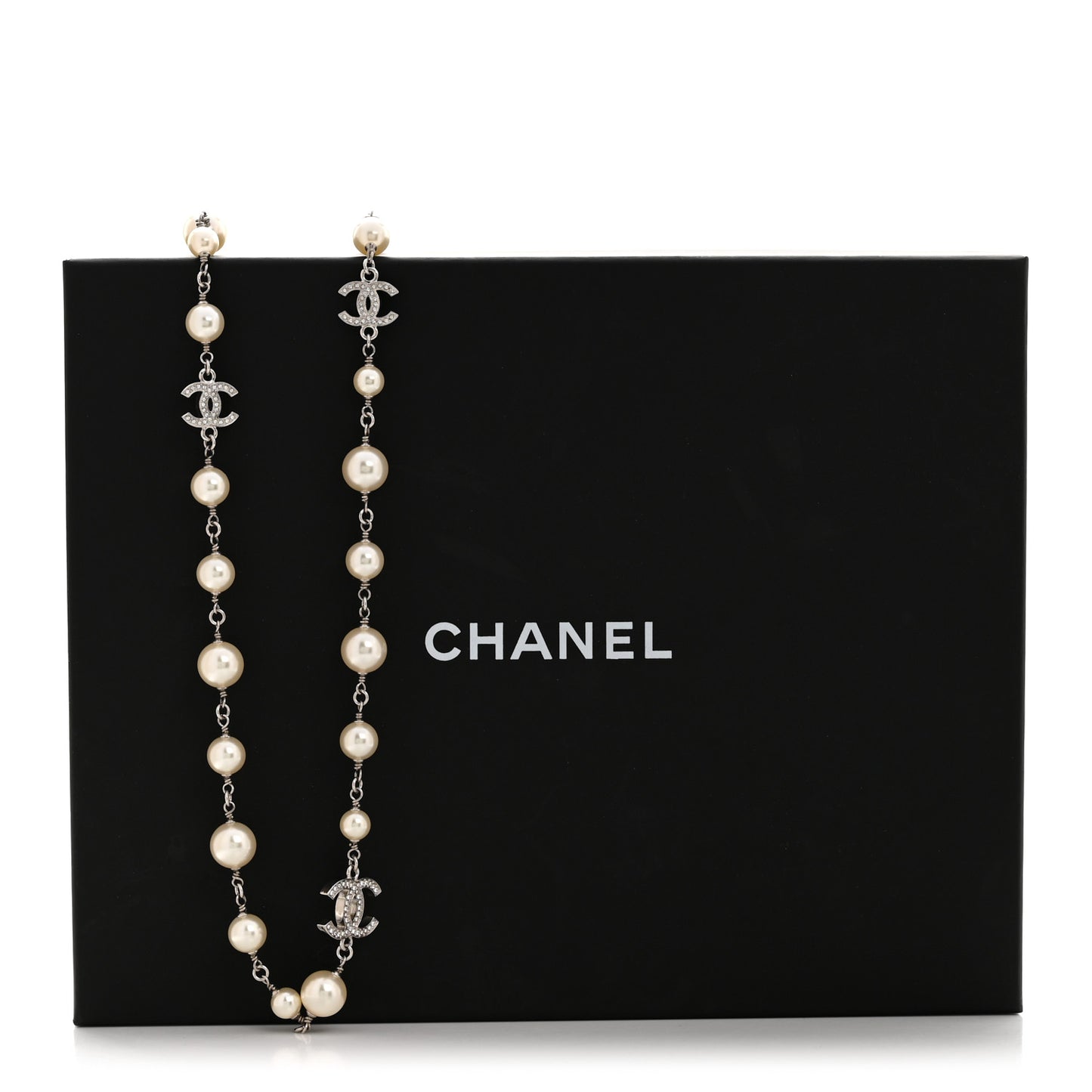 Crystal Pearl CC Long Necklace Silver