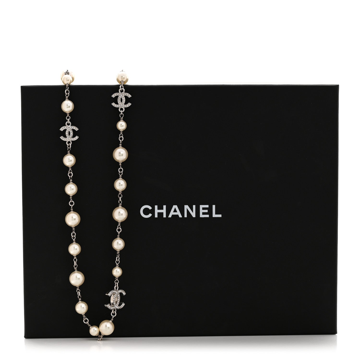 Chanel Crystal Pearl CC Long Necklace Silver 5 of 5