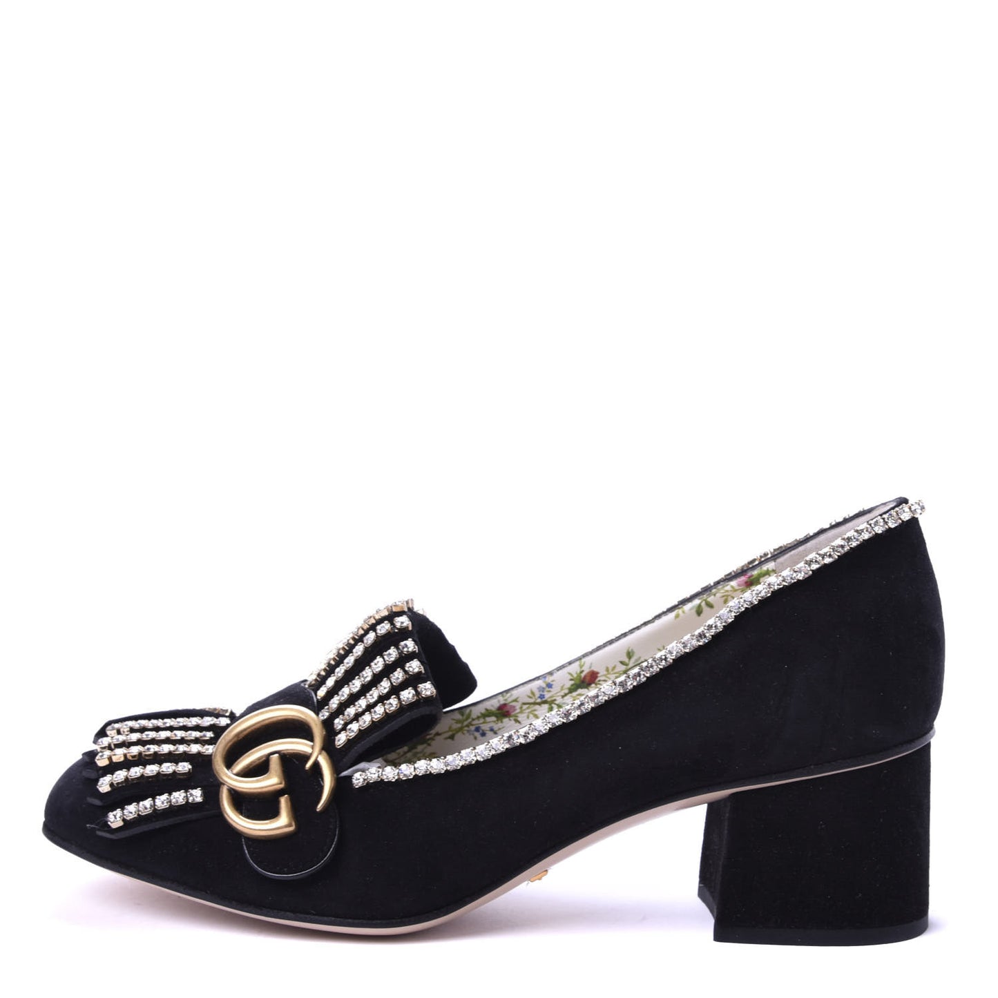 Kid Scamosciato Crystal GG Marmont Fringe 50mm Loafer Pumps 37.5 Black
