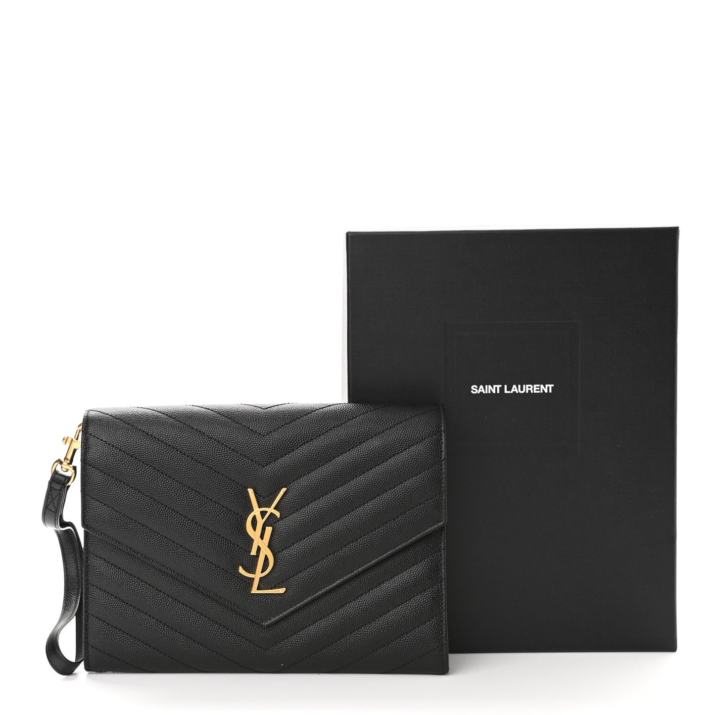 Grain De Poudre Matelasse Chevron Monogram Envelope Clutch Black