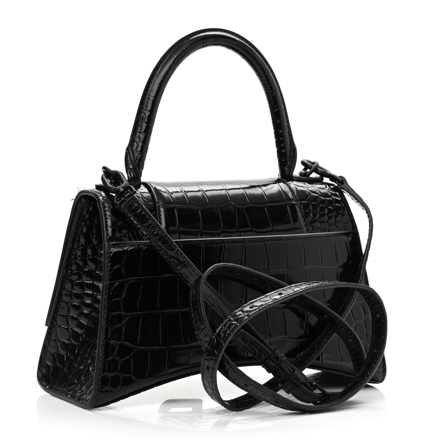 Shiny Calfskin Monochrome Crocodile Embossed Small Hourglass Top Handle Bag Black