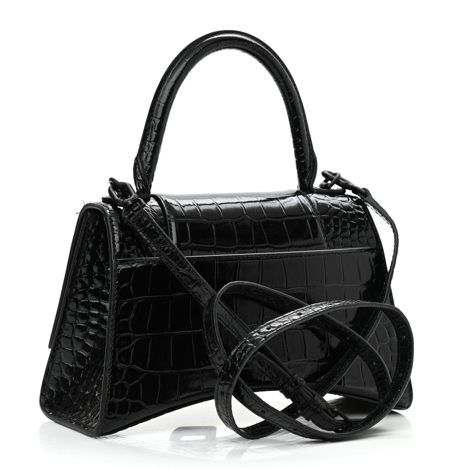 Balenciaga Shiny Calfskin Monochrome Crocodile Embossed Small Hourglass Top Handle Bag Black 3 of 9