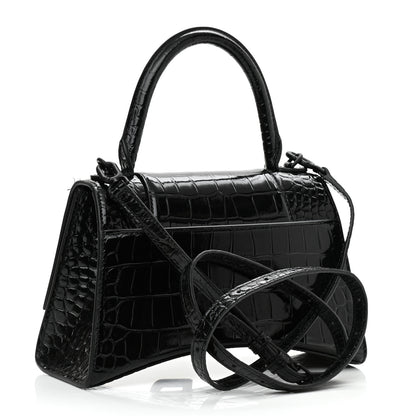 Balenciaga Shiny Calfskin Monochrome Crocodile Embossed Small Hourglass Top Handle Bag Black 3 of 9