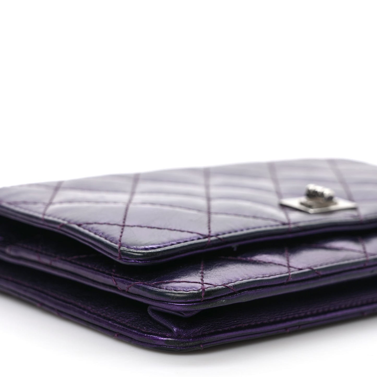 Metallic Aged Calfskin Quilted 2.55 Reissue Wallet on Chain WOC Purple