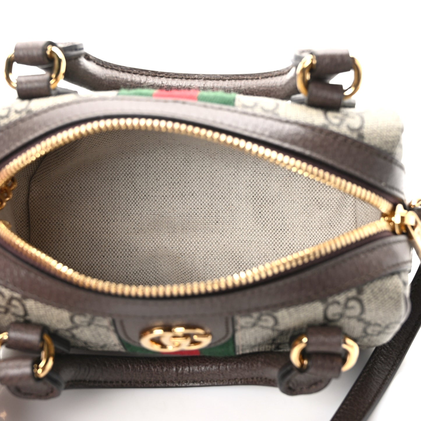 GG Supreme Monogram Textured Dollar Calfskin Web Super Mini Ophidia Top Handle Bowler Bag Beige Ebony New Acero
