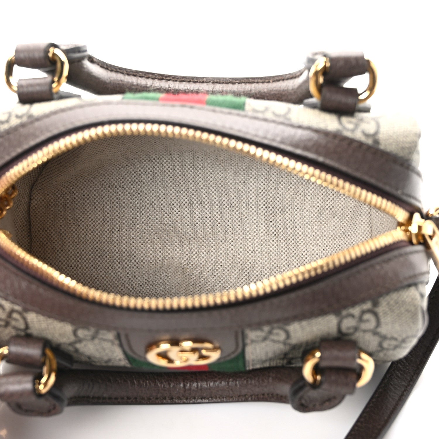 Gucci GG Supreme Monogram Textured Dollar Calfskin Web Super Mini Ophidia Top Handle Bowler Bag Beige Ebony New Acero 5 of 15
