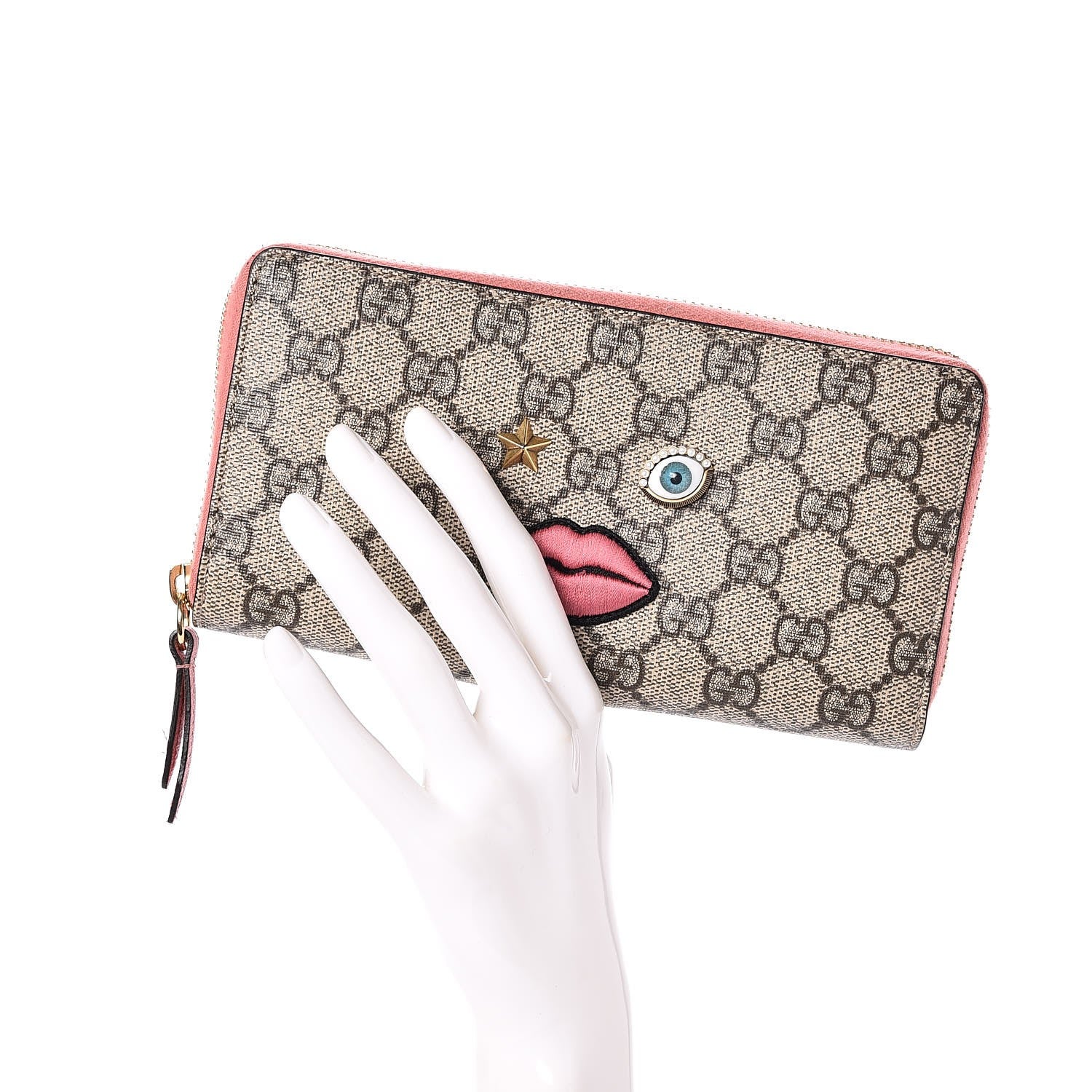 Gucci GG Supreme Monogram Embroidered Face Zip Around Wallet Pink 2 of 9
