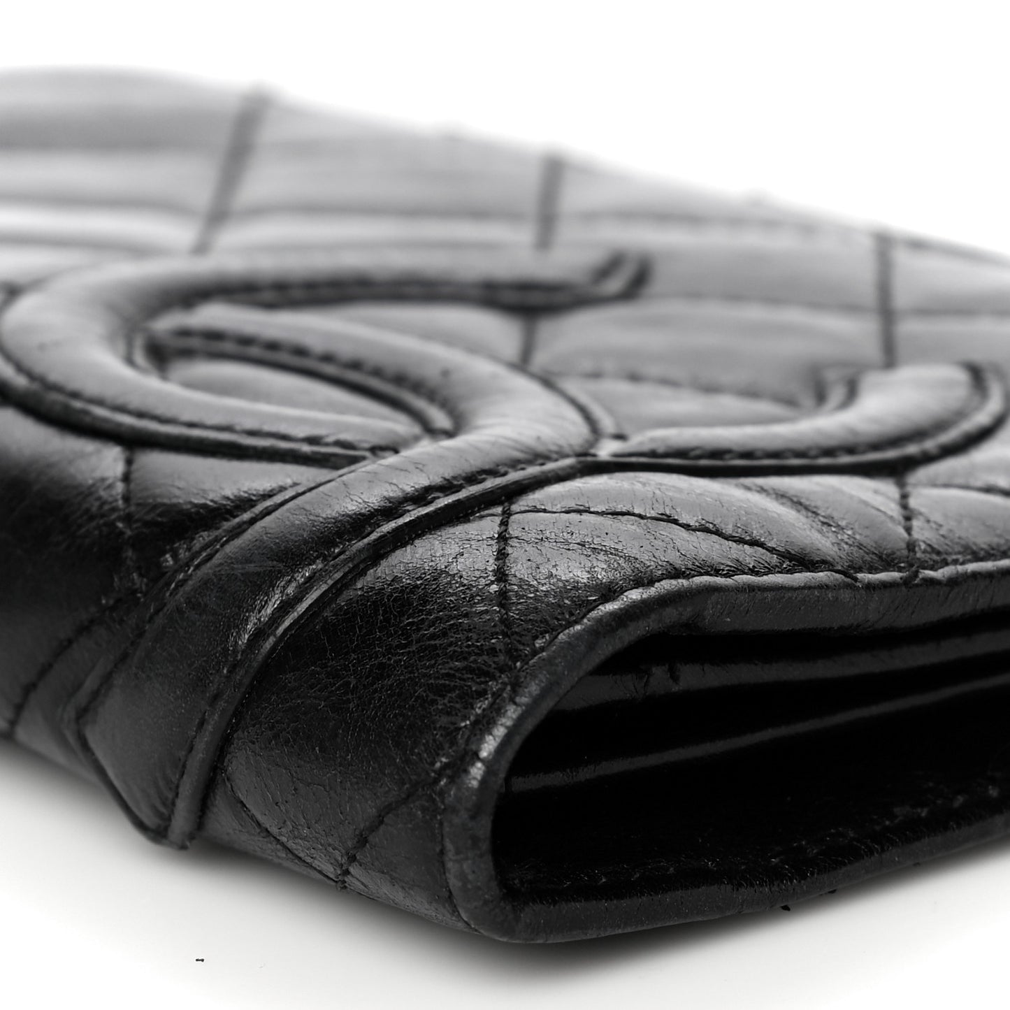 Aged Calfskin Quilted Cambon Yen Wallet Black