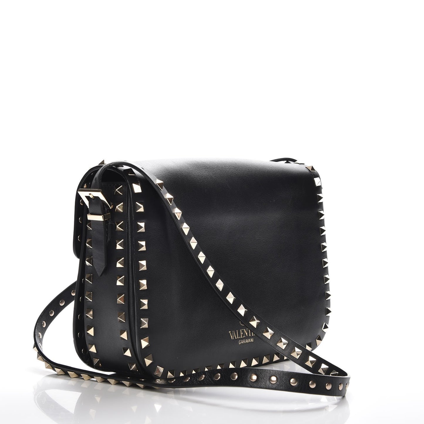 Vitello Medium Rockstud Flap Saddle Bag Black