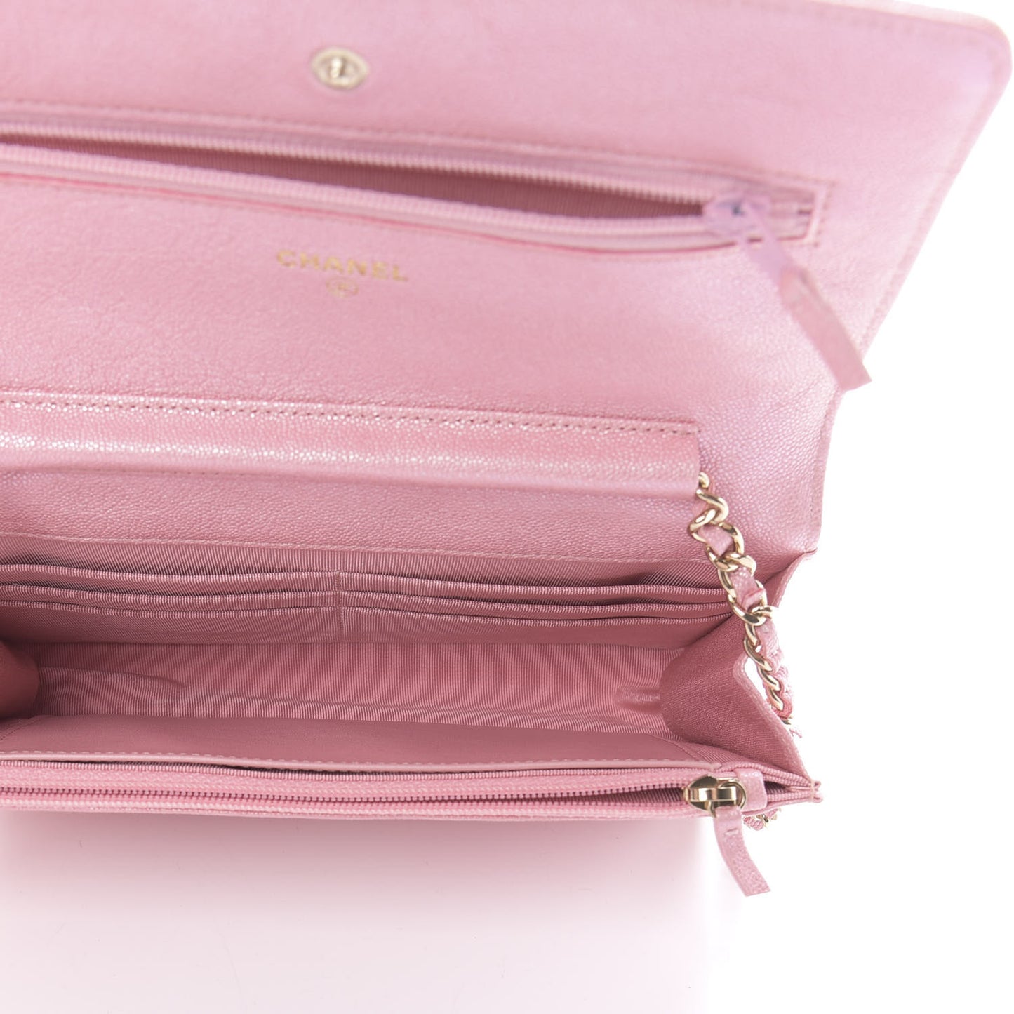 Iridescent Caviar Quilted Wallet on Chain WOC Pink