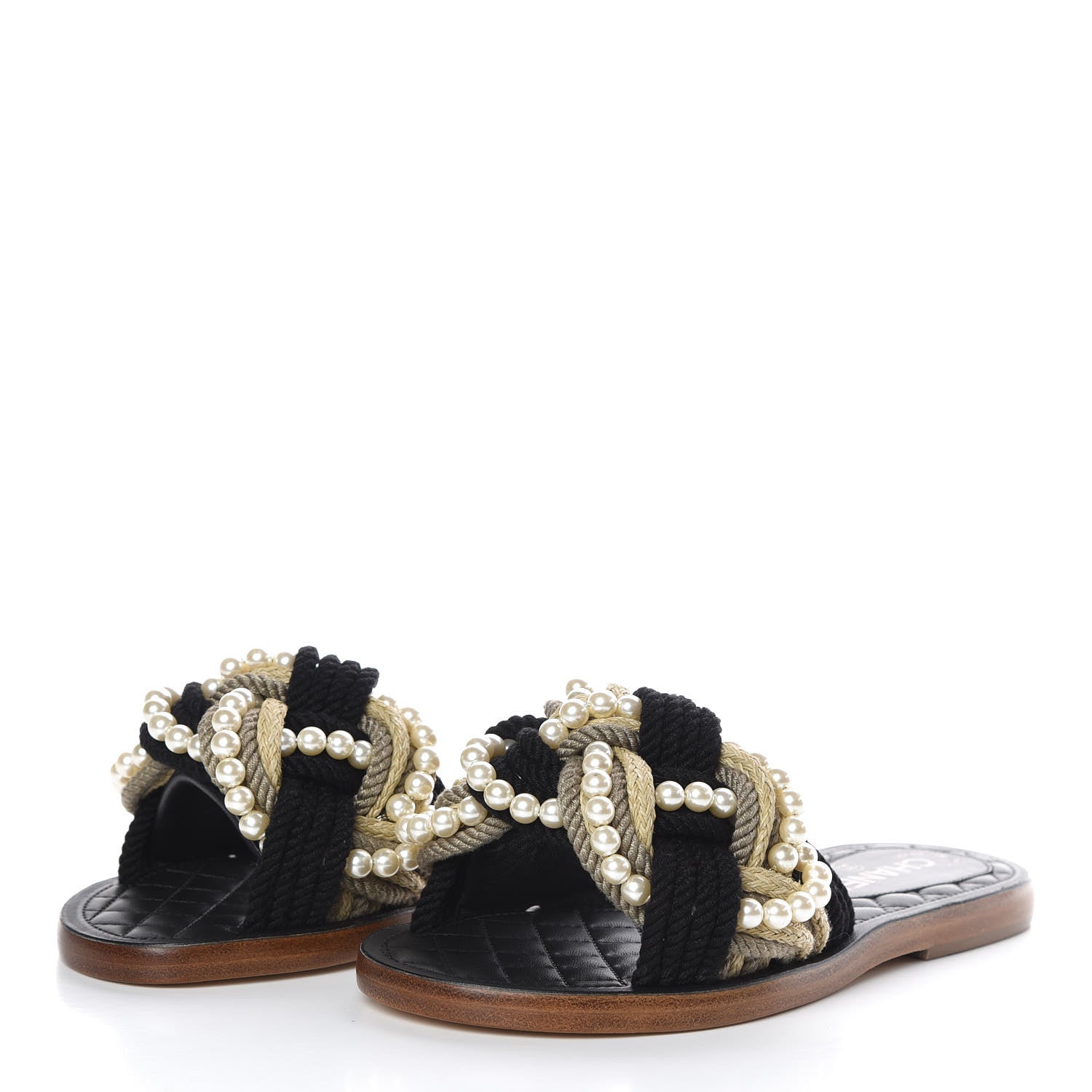 Chanel Lambskin Pearl Cord CC Mules 36 Black Beige 3 of 8