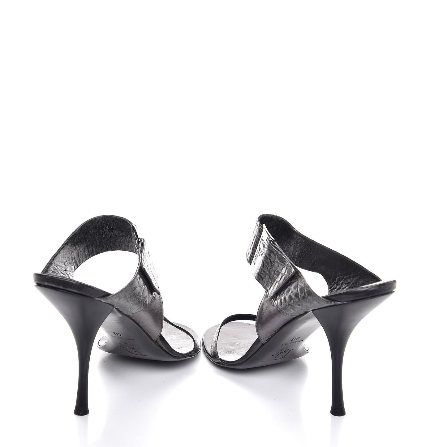 Metallic Lambskin Alligator Mule Sandals 40 Dark Silver