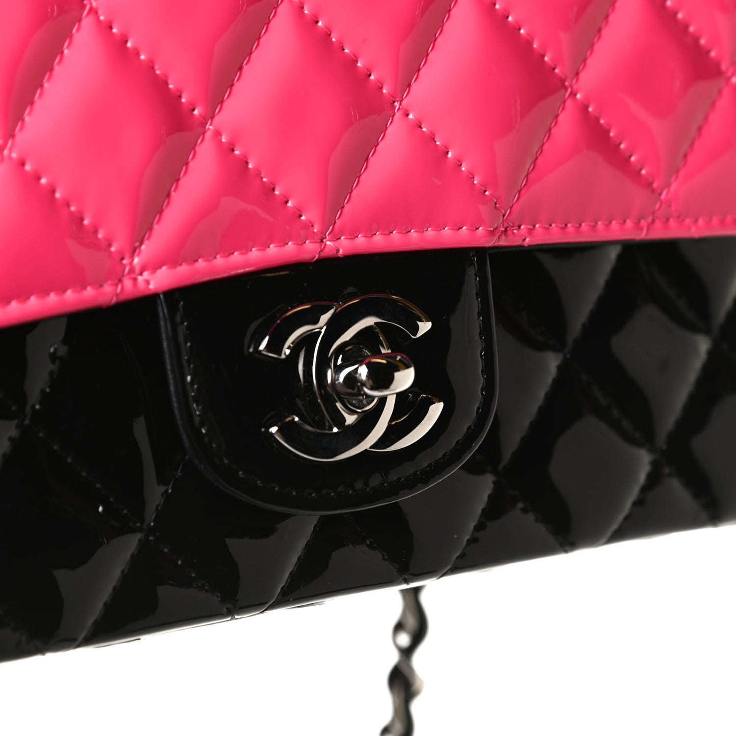 Patent Calfskin Quilted Bi-Color Mini Rectangular Flap Pink Black
