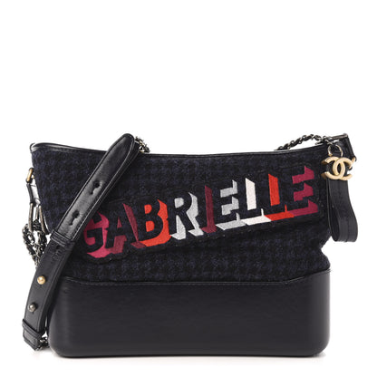 Chanel Tweed Calfskin Quilted Medium Gabrielle Hobo Black Blue 1 of 14