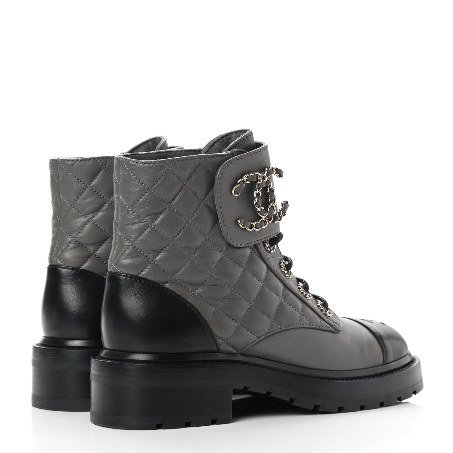 Shiny Lambskin Quilted Lace Up Combat Boots 37 Grey Black