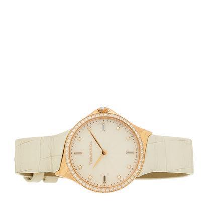 Tiffany 18K Rose Gold Alligator Diamond Bezel 28mm Metro Quartz Watch 2 of 6