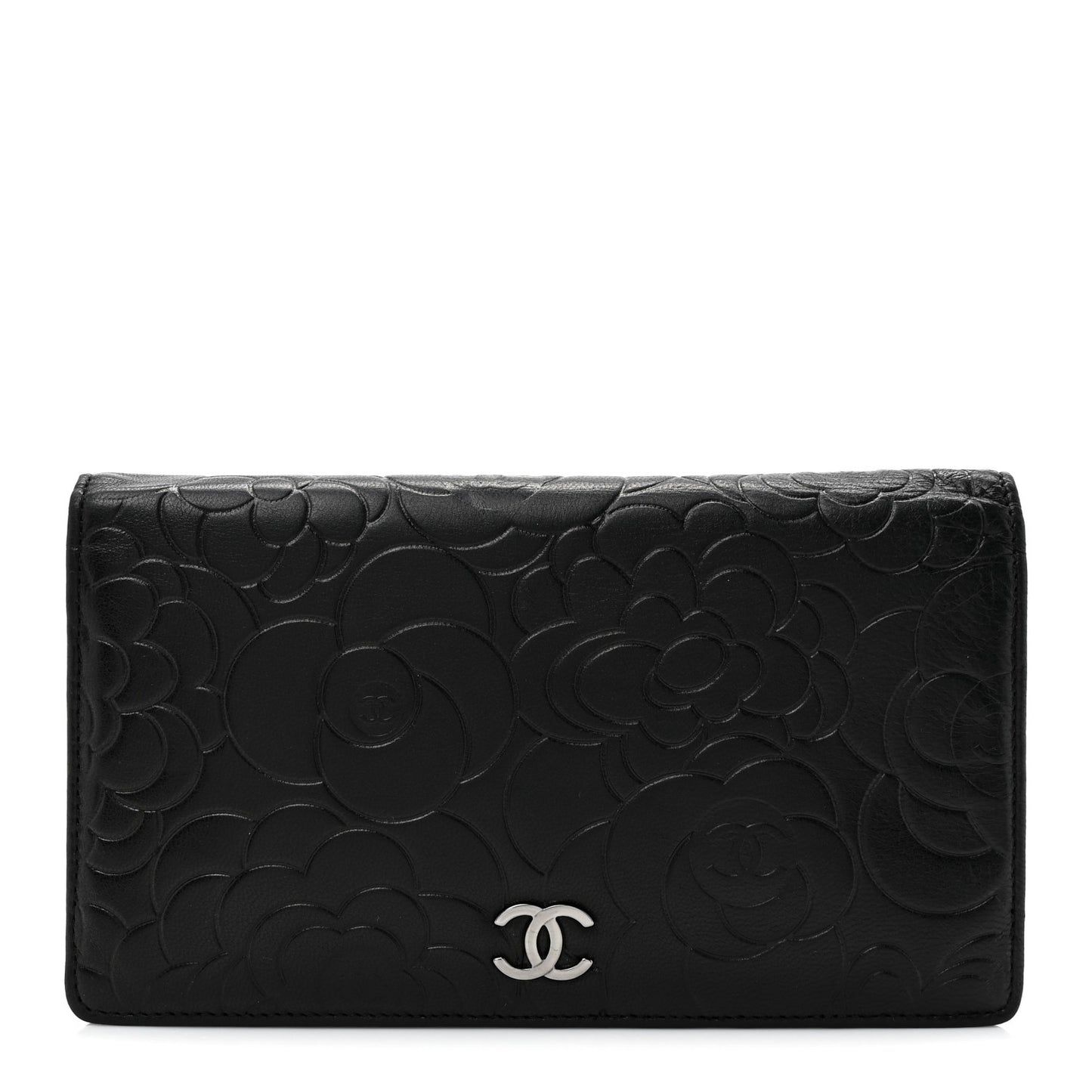 Lambskin Camellia Embossed Yen Wallet Black