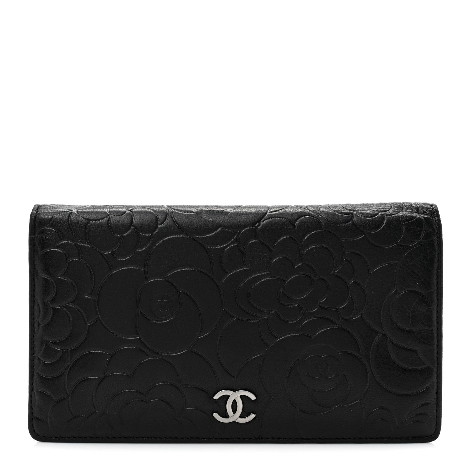 Chanel Lambskin Camellia Embossed Yen Wallet Black 1 of 10