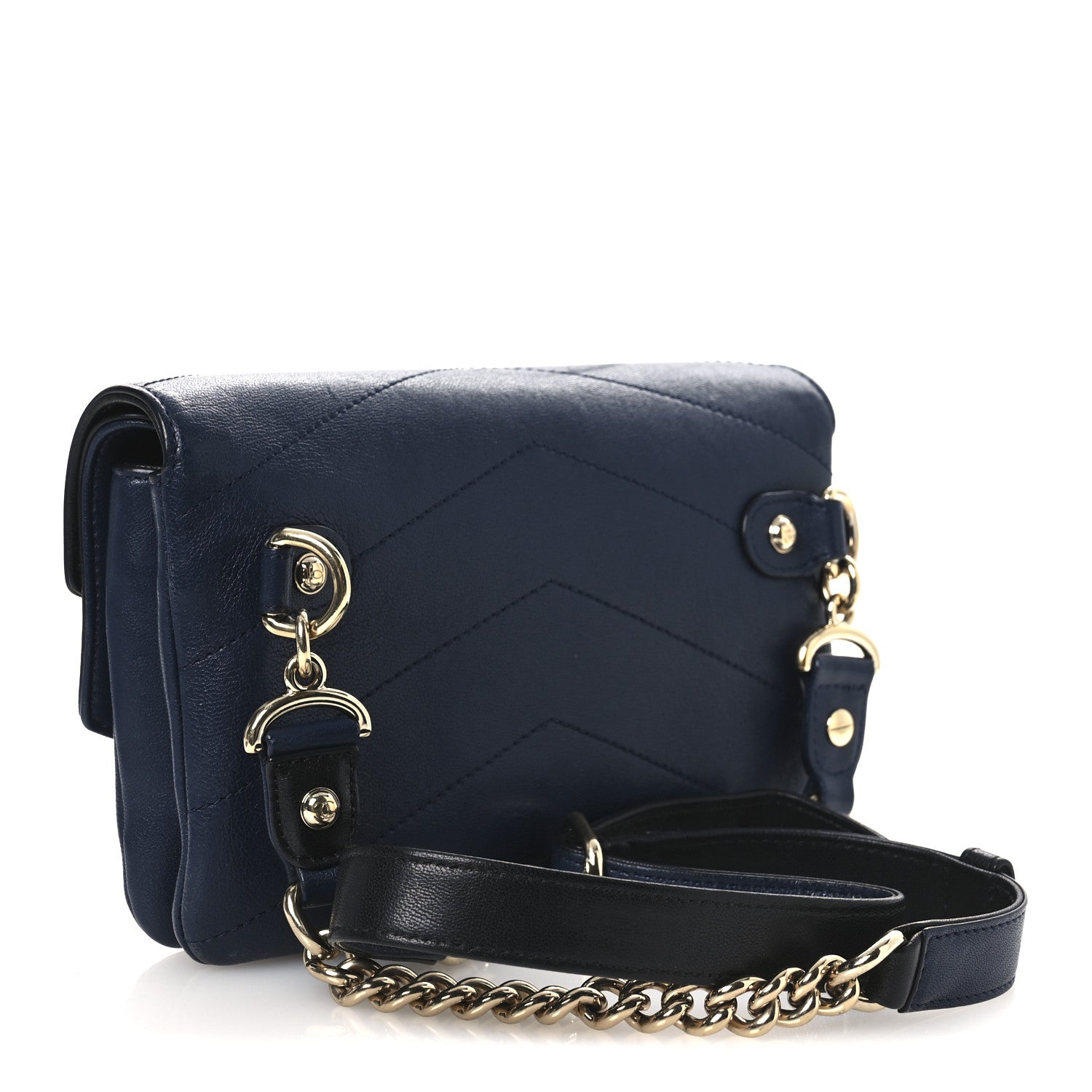 Chanel Sheepskin Chevron Quilted Double Chevron Waist Bag Navy Black 2 of 11
