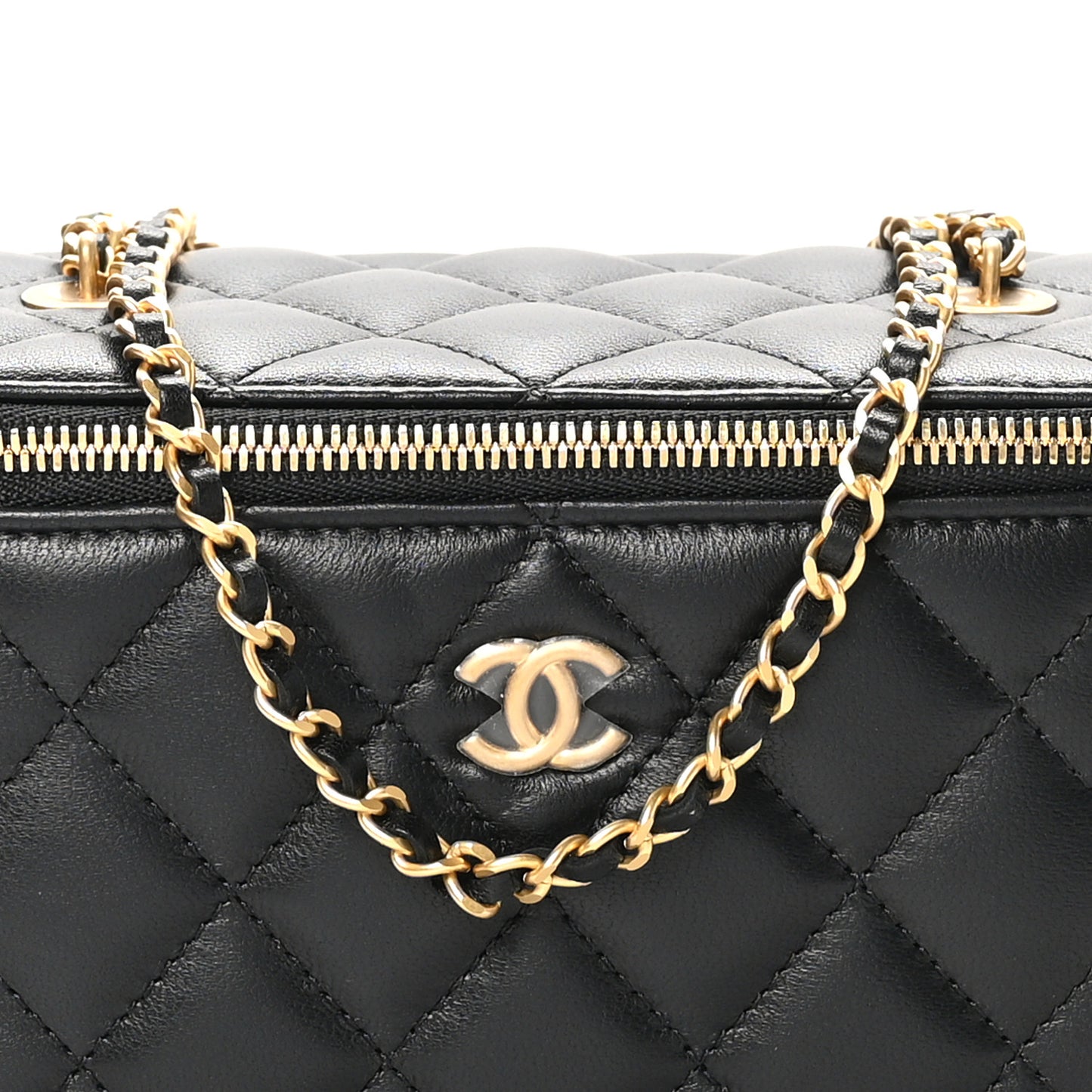 Lambskin Enamel Quilted Small Coco Hearts Vanity Case With Chain Black